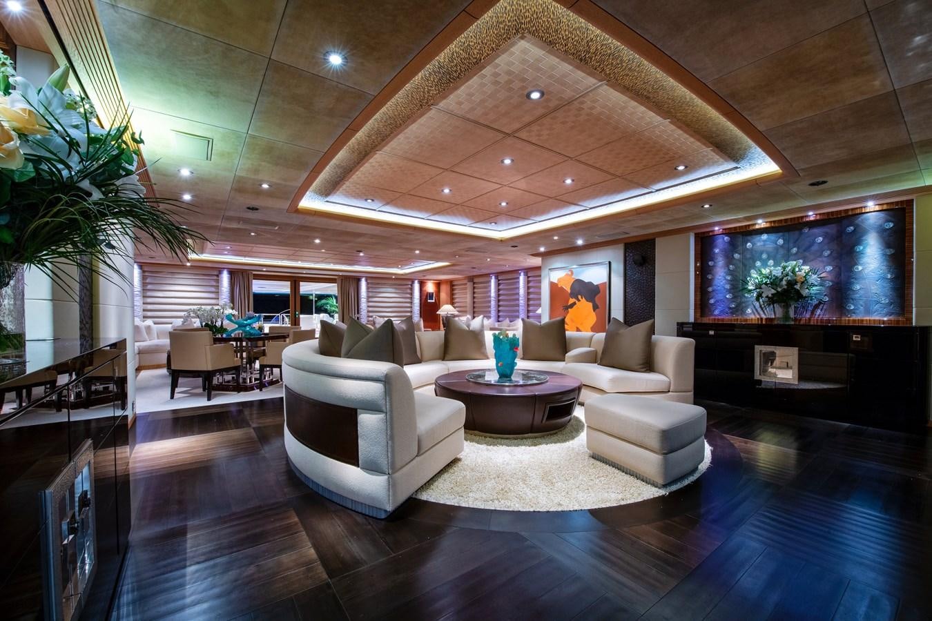a living room with a large ceiling aboard SUNRAYS Yacht for Charter