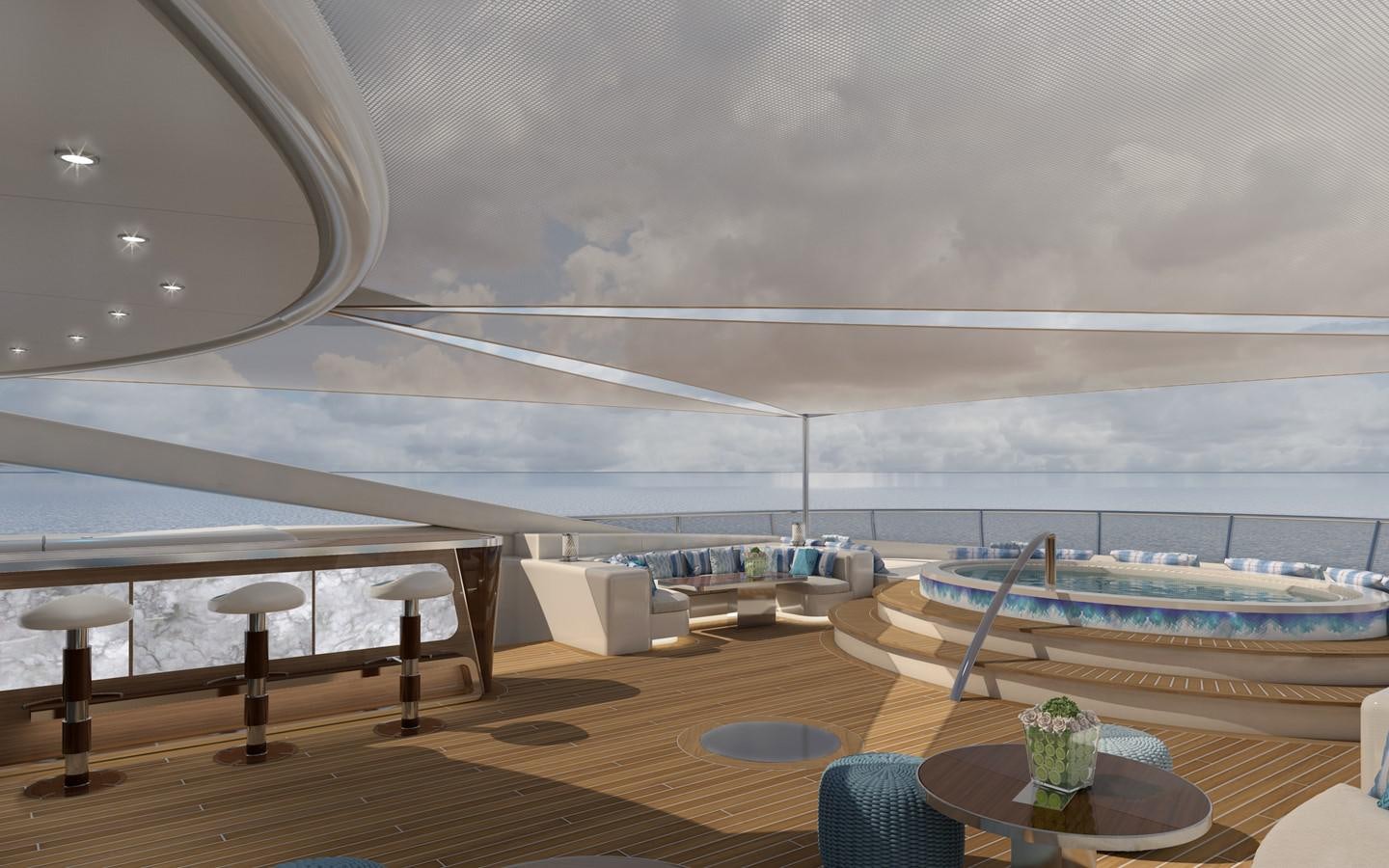 a room with a pool and a deck with a large ship in the water aboard DUNYA  DY012 Yacht for Sale