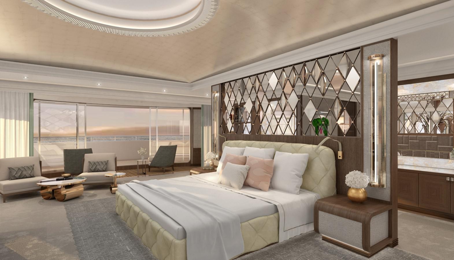 a large bedroom with a large bed aboard DUNYA  DY012 Yacht for Sale