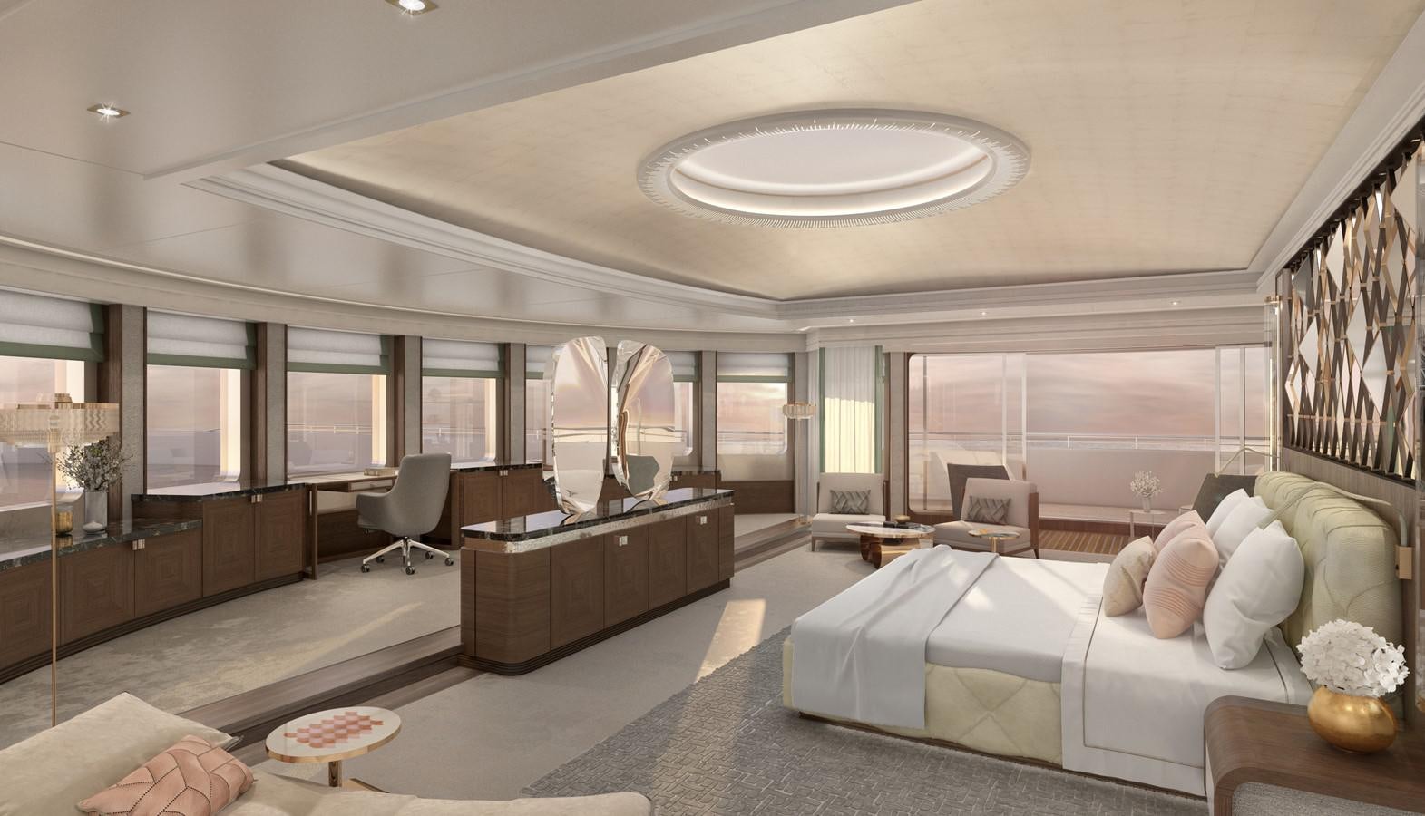 a large modern looking bedroom aboard DUNYA  DY012 Yacht for Sale