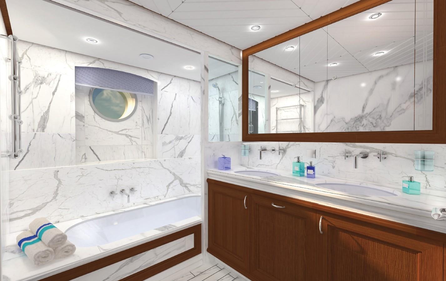a bathroom with a large mirror aboard SIMON FRASER Yacht for Sale