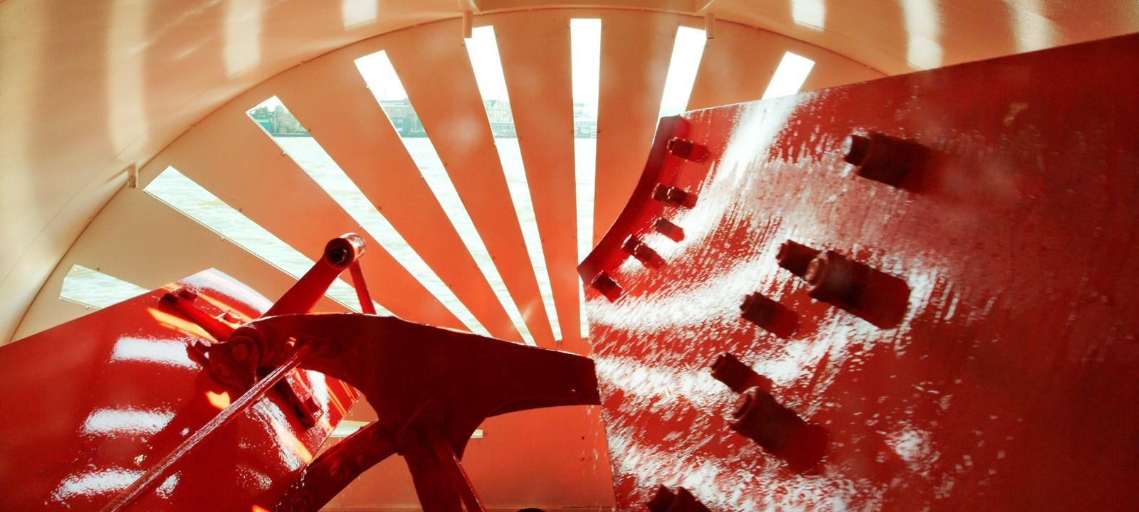 a red and white fan aboard MAJESTEIT Yacht for Sale