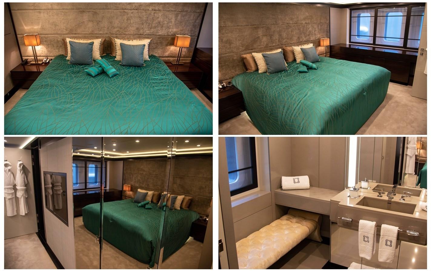 a collage of a bedroom aboard LADY VERA Yacht for Charter