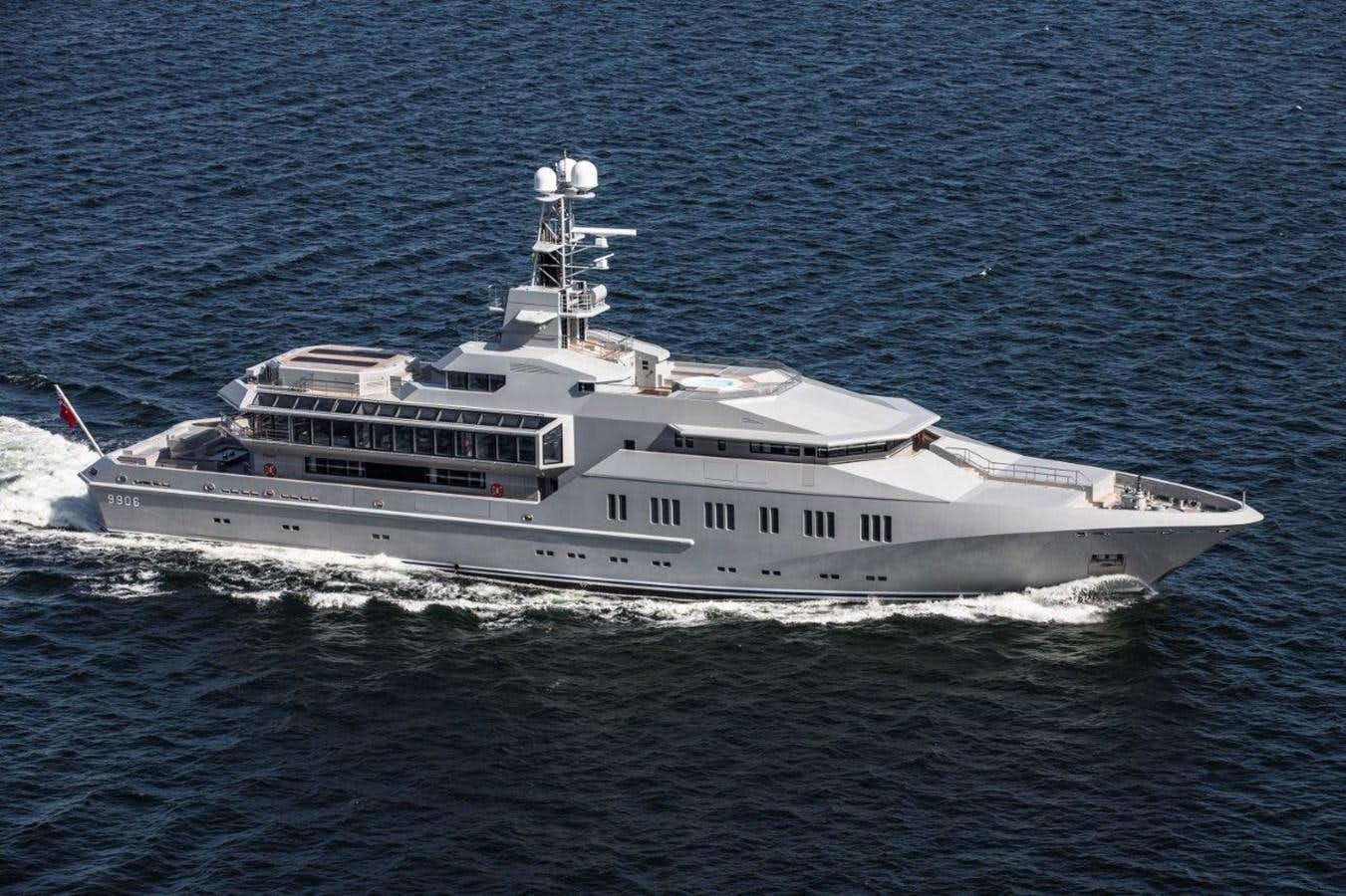 a large ship in the water aboard SKAT Yacht for Sale