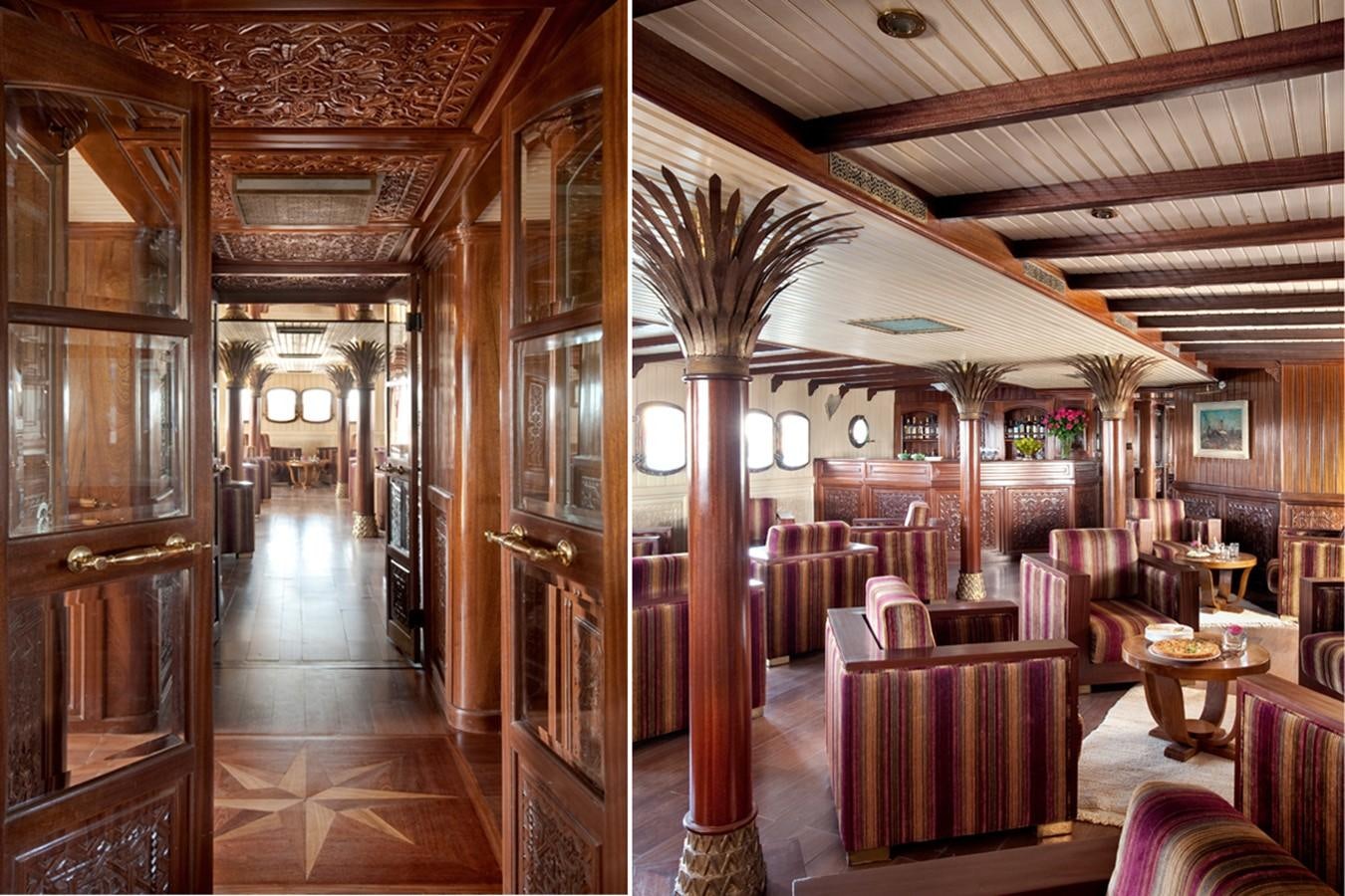 a room with a table chairs and a plant in the middle aboard NORTH SEA Yacht for Sale