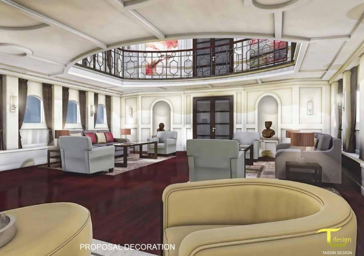 a large living room with a large open balcony aboard BLUE DAWN Yacht for Sale