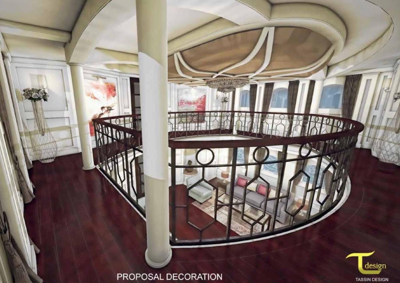 a large room with a balcony aboard BLUE DAWN Yacht for Sale