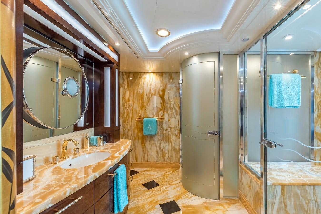 a bathroom with a large mirror aboard MARGUERITE Yacht for Sale