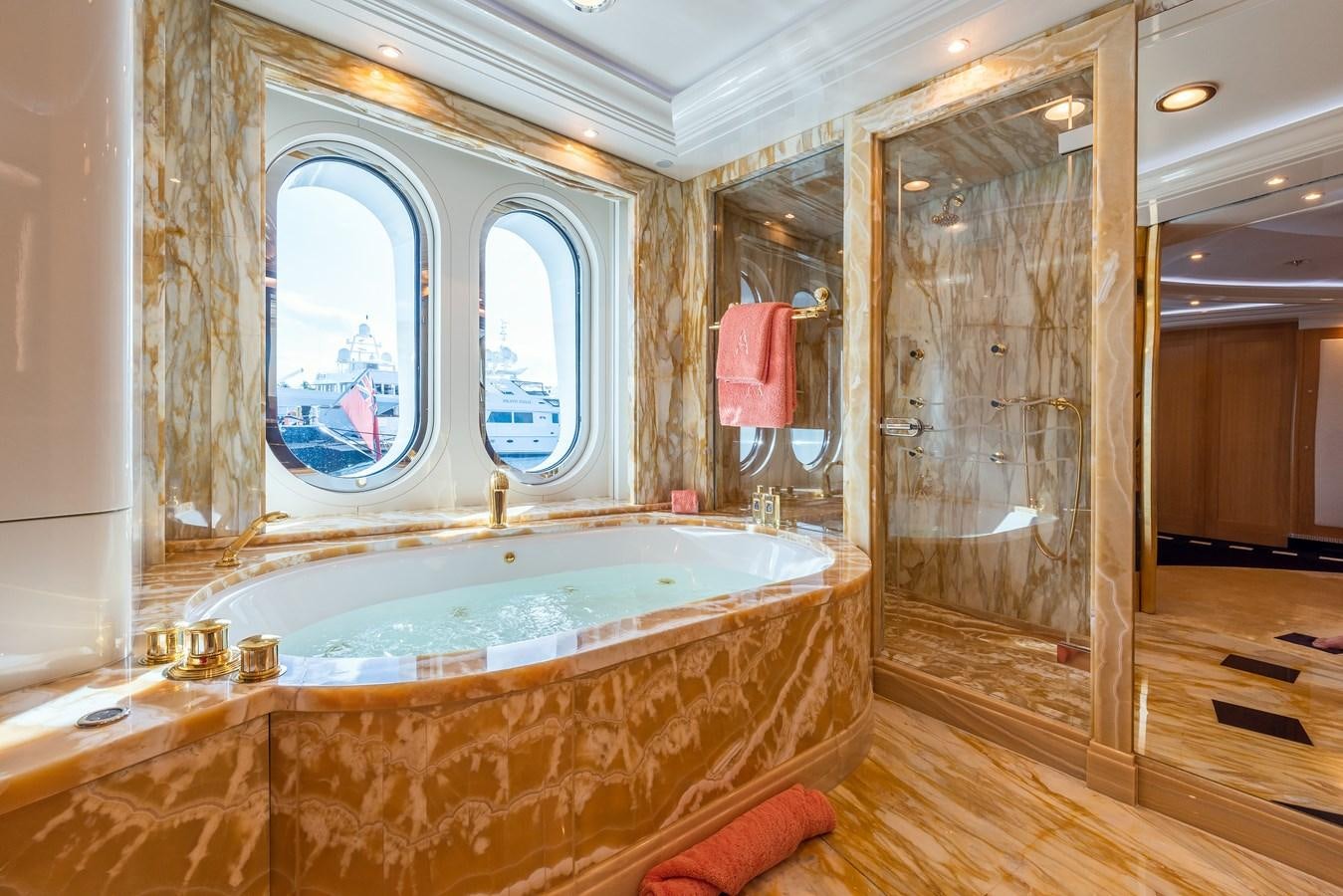 a bathroom with a large jacuzzi tub aboard MARGUERITE Yacht for Sale