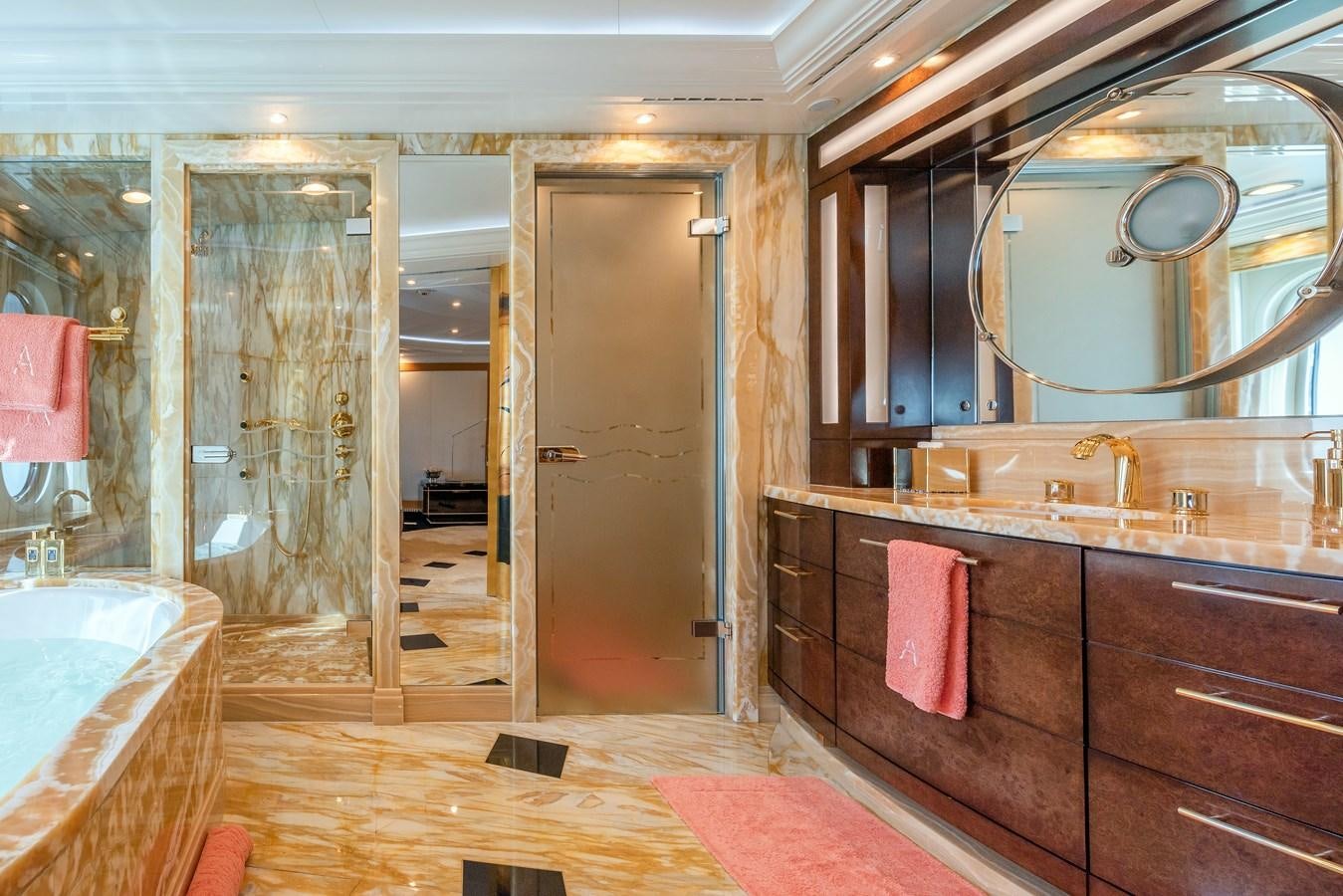 a bathroom with a large mirror aboard MARGUERITE Yacht for Sale