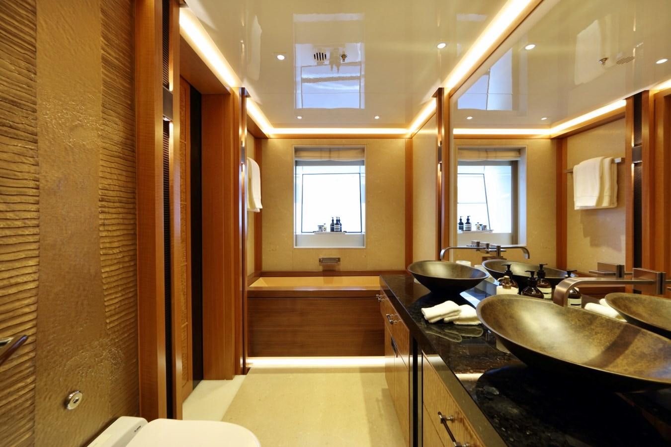 a bathroom with sinks and mirrors aboard FORMOSA Yacht for Sale