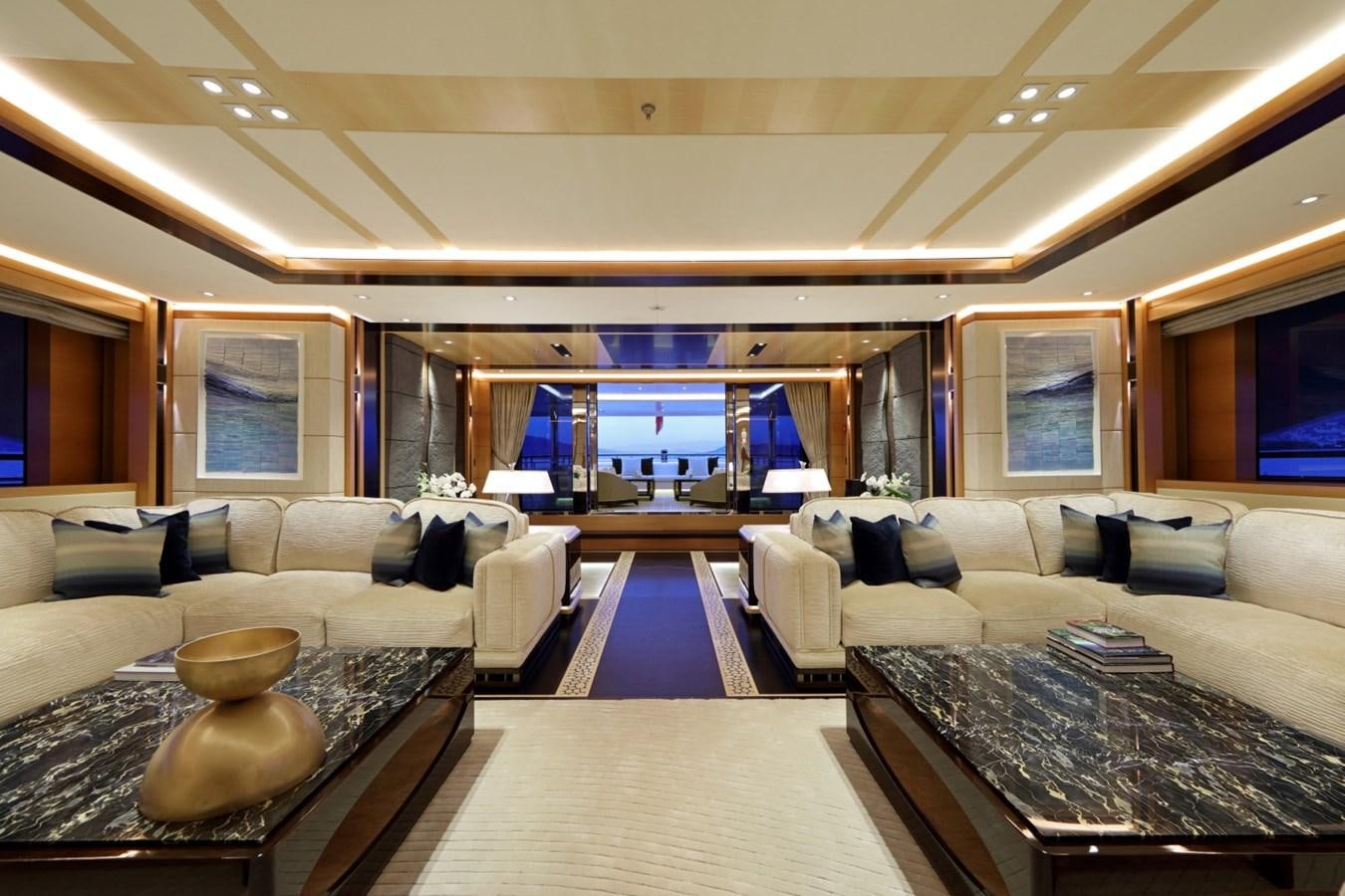 a living room with a large window aboard FORMOSA Yacht for Sale
