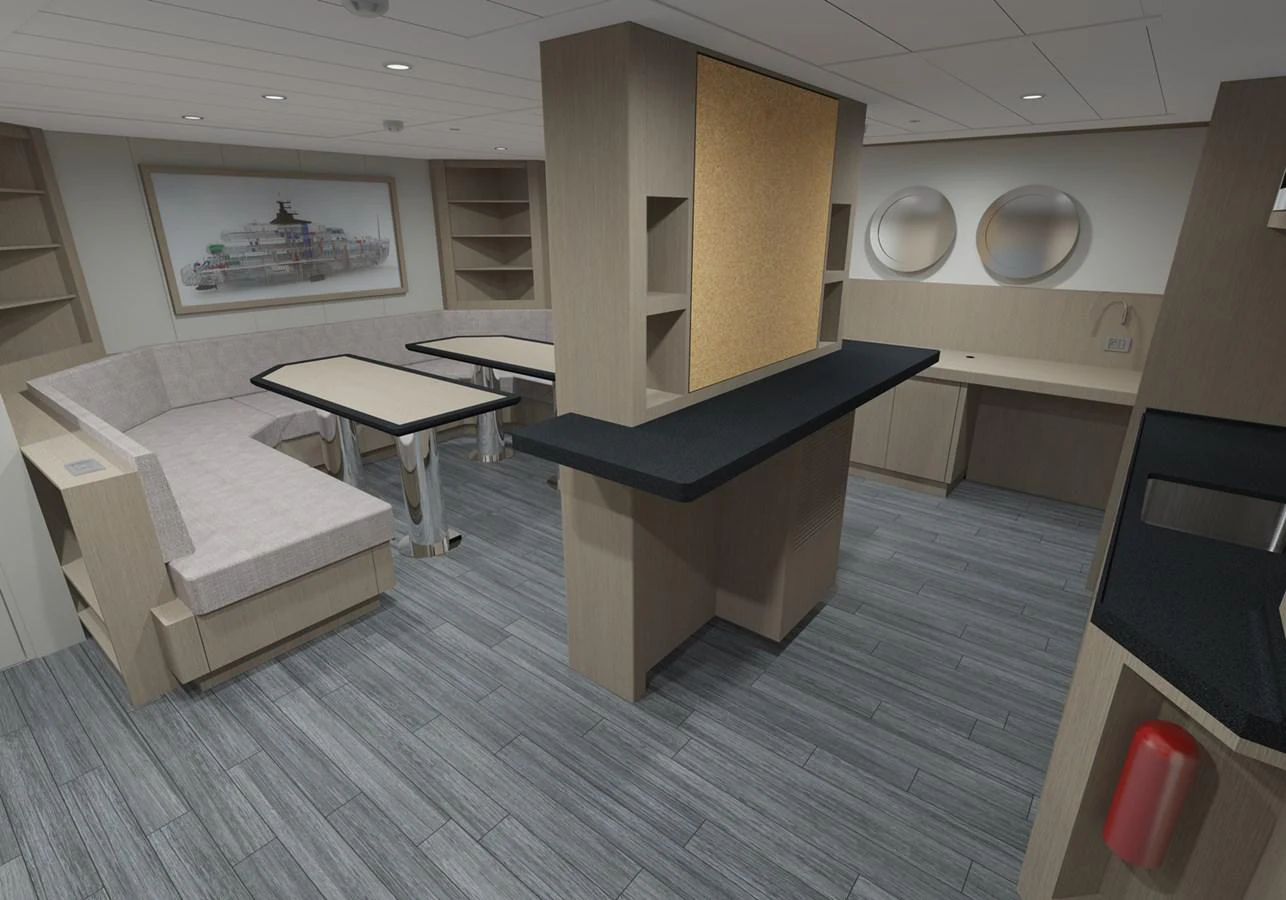 a room with a table and couches aboard PROJECT 561 Yacht for Sale