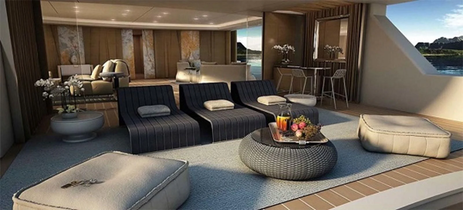 a room with a couch and a table and chairs aboard PROJECT 561 Yacht for Sale