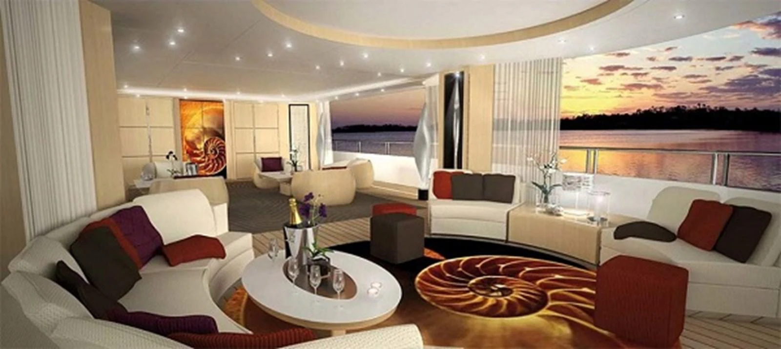 a large living room with white couches and a large window aboard PROJECT 561 Yacht for Sale