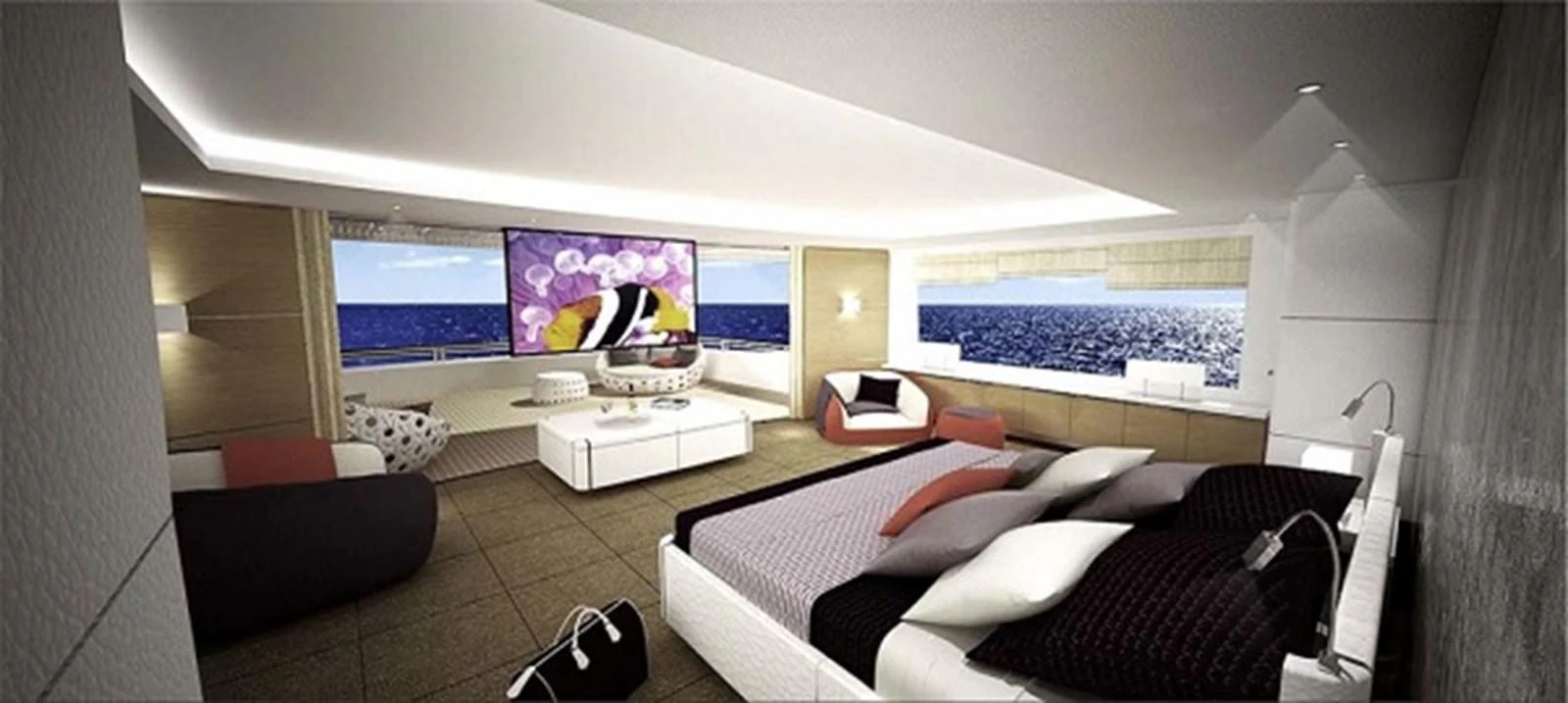 a room with a large window and a view of the ocean aboard PROJECT 561 Yacht for Sale