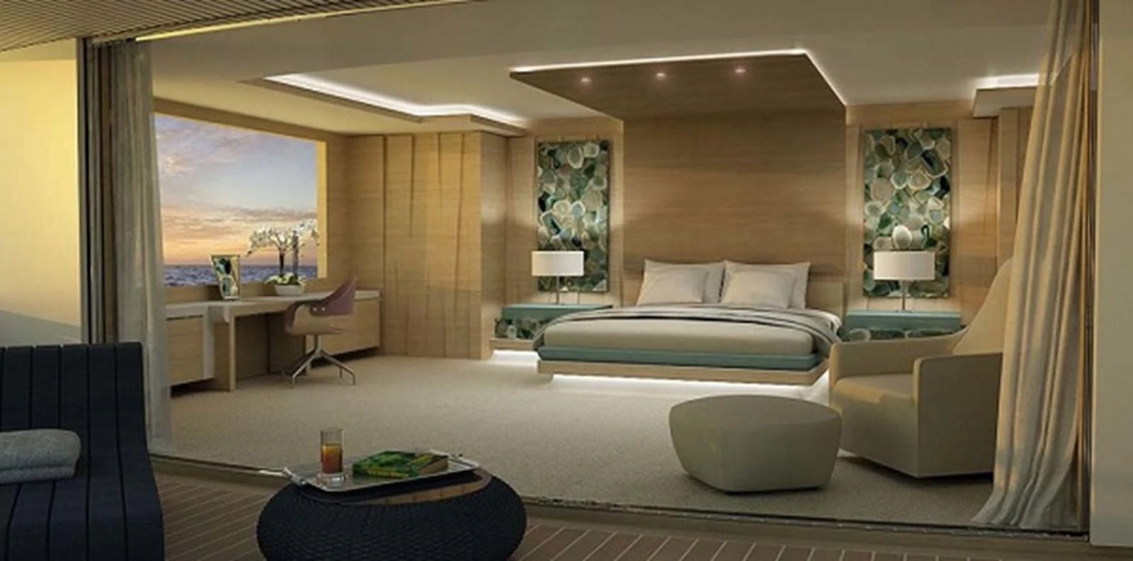 a room with a bed and a couch aboard PROJECT 561 Yacht for Sale