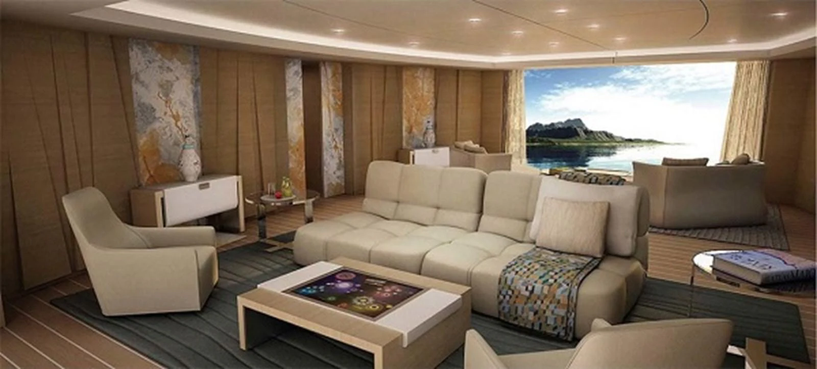 a living room with a couch and a table aboard PROJECT 561 Yacht for Sale