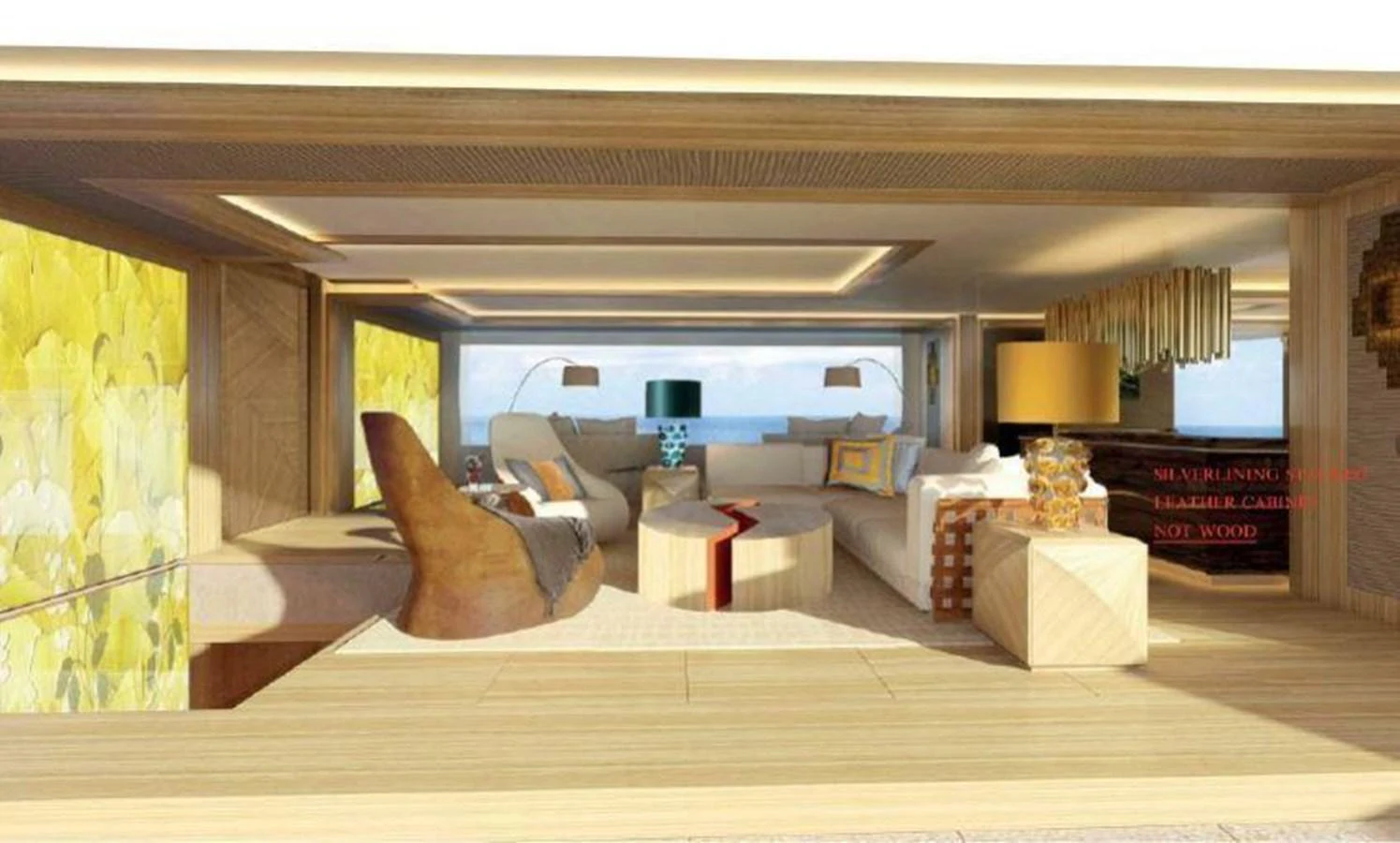 a living room with a large screen aboard PROJECT 561 Yacht for Sale