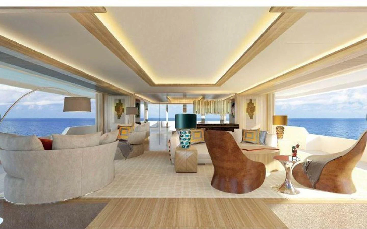 a living room with a large window aboard PROJECT 561 Yacht for Sale