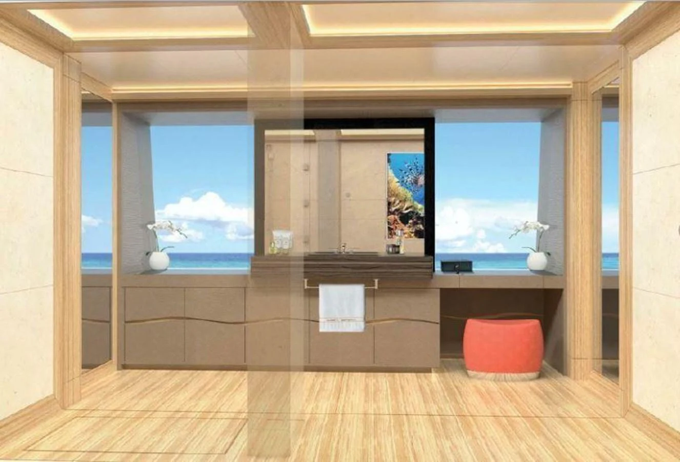 a room with a wood floor and a window with a view of the ocean aboard PROJECT 561 Yacht for Sale