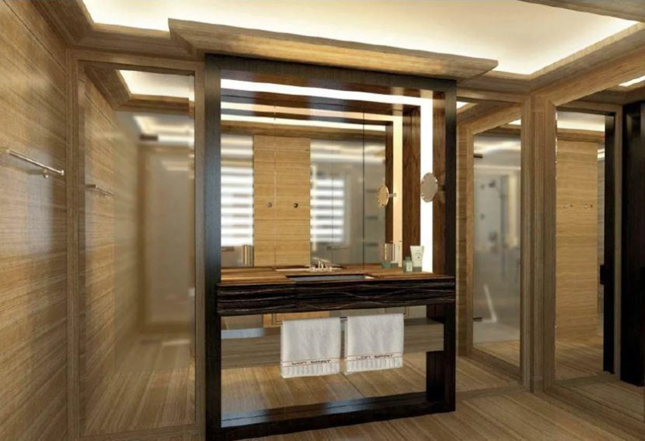 a room with a large mirror aboard PROJECT 561 Yacht for Sale