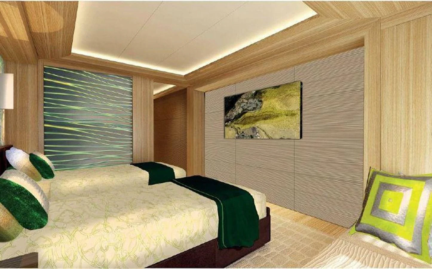 a room with a bed and a painting on the wall aboard PROJECT 561 Yacht for Sale