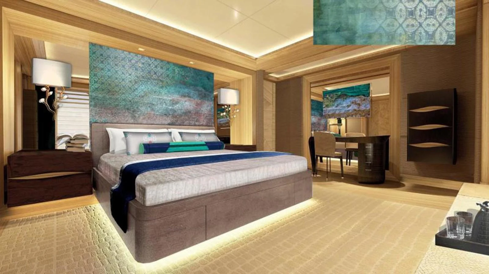 a room with a bed and a desk aboard PROJECT 561 Yacht for Sale