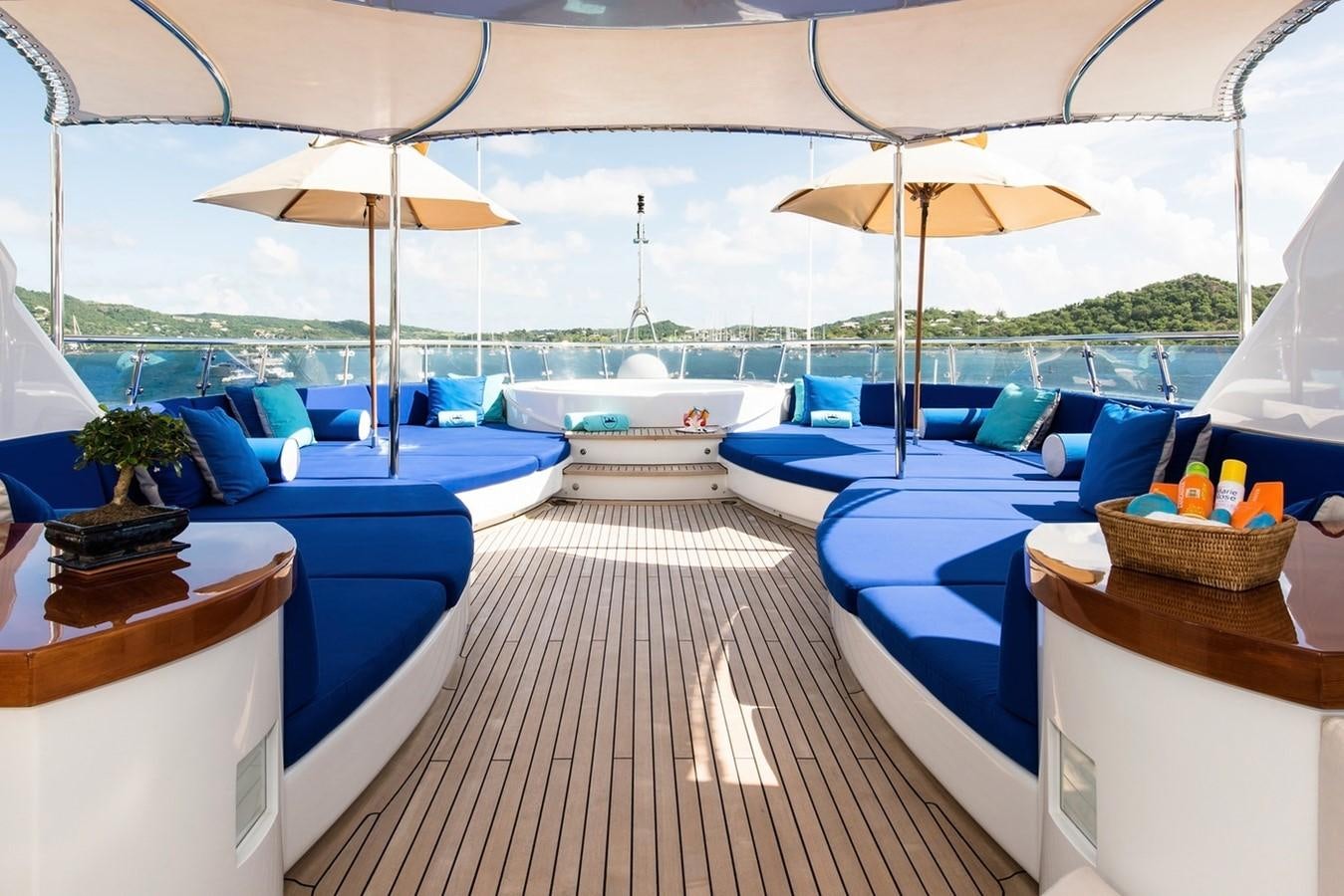 a room with a table and chairs and umbrellas aboard TALISMAN MAITON Yacht for Charter
