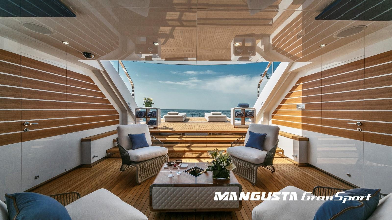 a room with a large window aboard MANGUSTA 165REV/04 Yacht for Sale