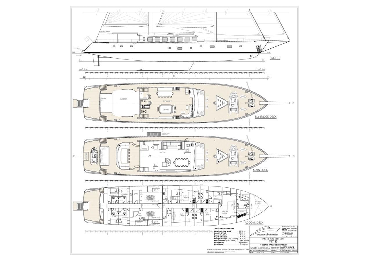 diagram, engineering drawing aboard MITI K Yacht for Sale