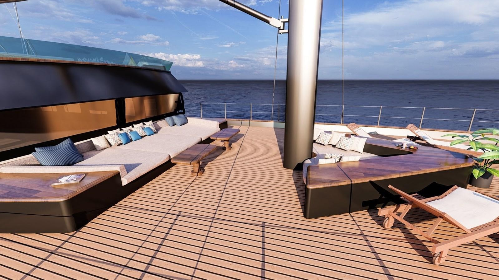 a deck with a deck and a view of the ocean aboard MITI K Yacht for Sale