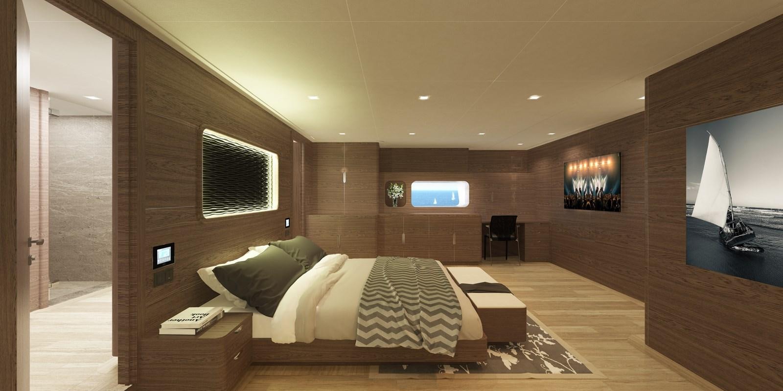 a room with a bed and a tv on the wall aboard MITI K Yacht for Sale