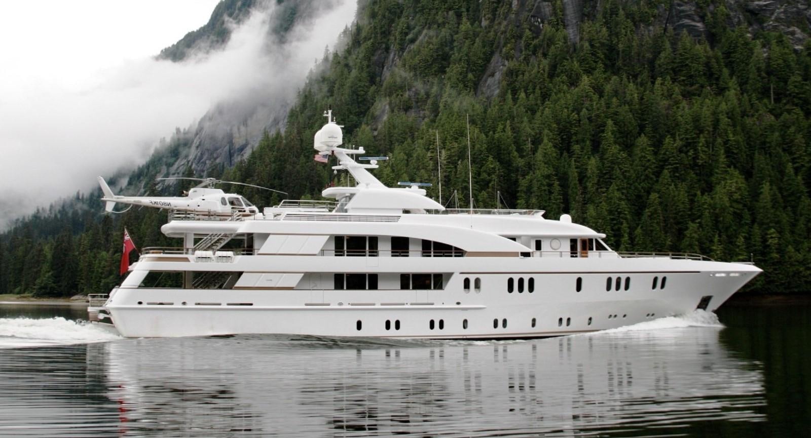 a white yacht on a river aboard HADIA Yacht for Sale