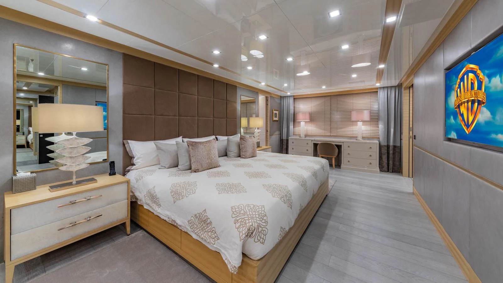 a large bedroom with a large bed aboard APRICITY Yacht for Sale