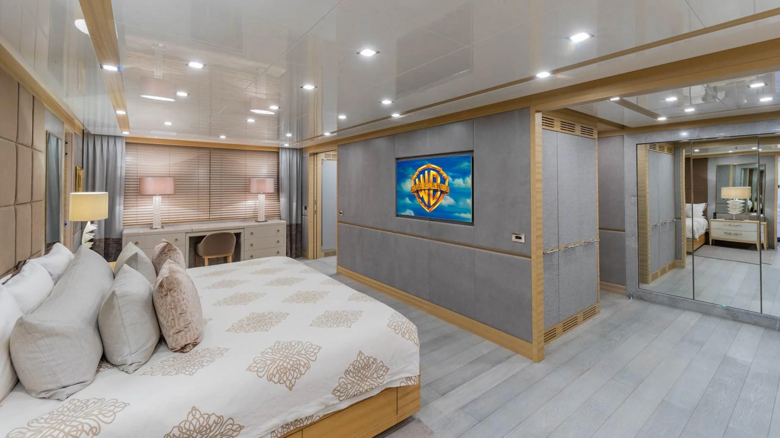 a large bed in a room aboard APRICITY Yacht for Sale