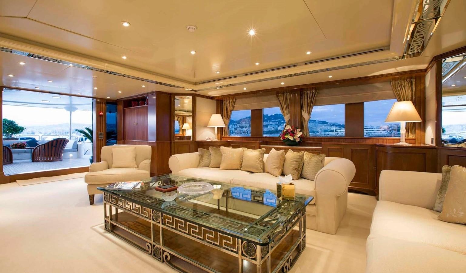 a living room with a large window aboard COME PRIMA Yacht for Charter