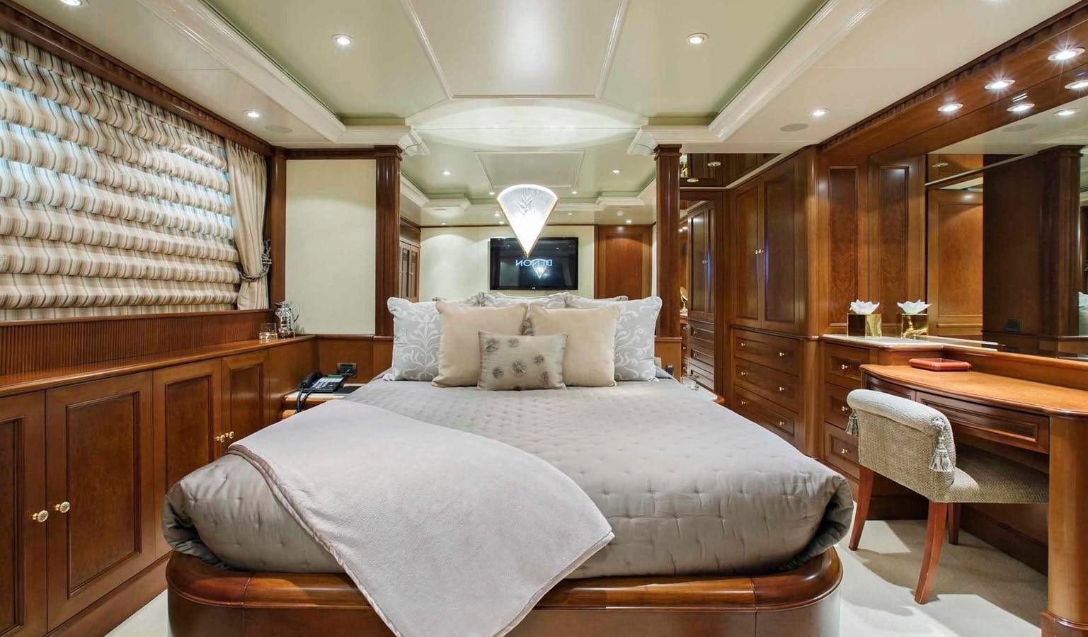 a large bed in a room aboard COME PRIMA Yacht for Charter
