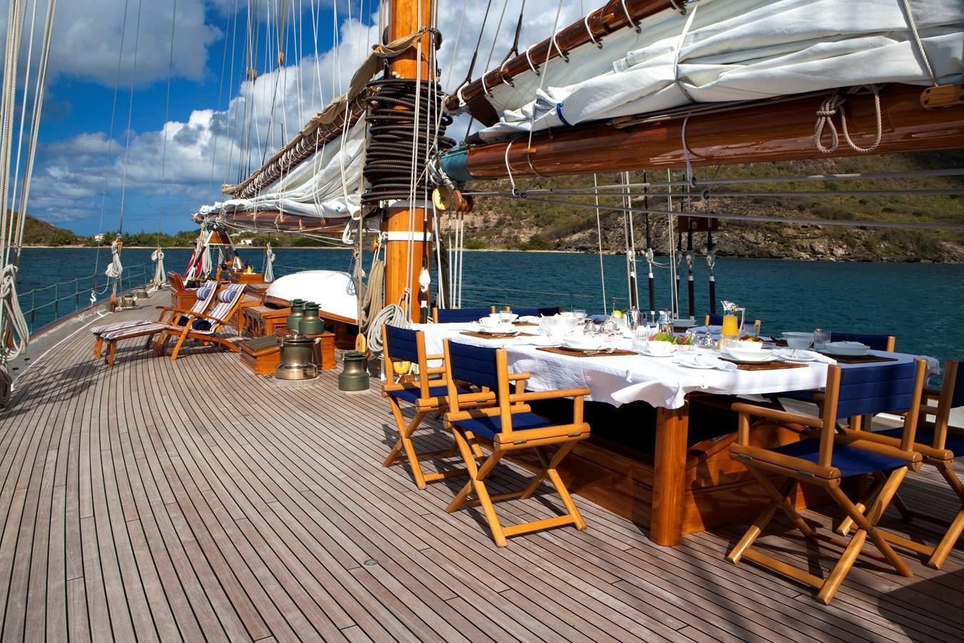 a deck with tables and chairs on it next to a body of water aboard ELEONORA Yacht for Sale
