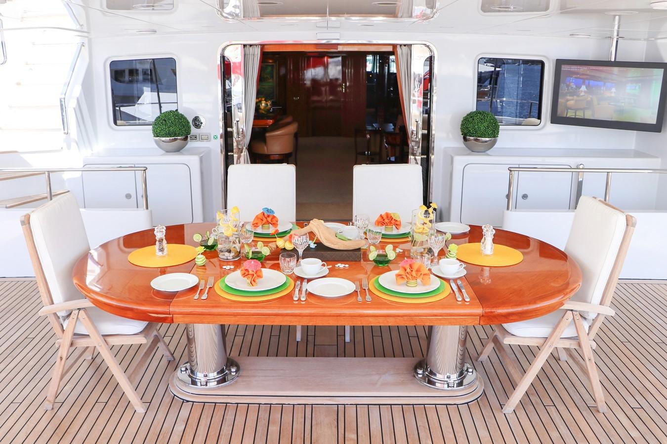 a table with plates and cups on it aboard TE MANU Yacht for Sale