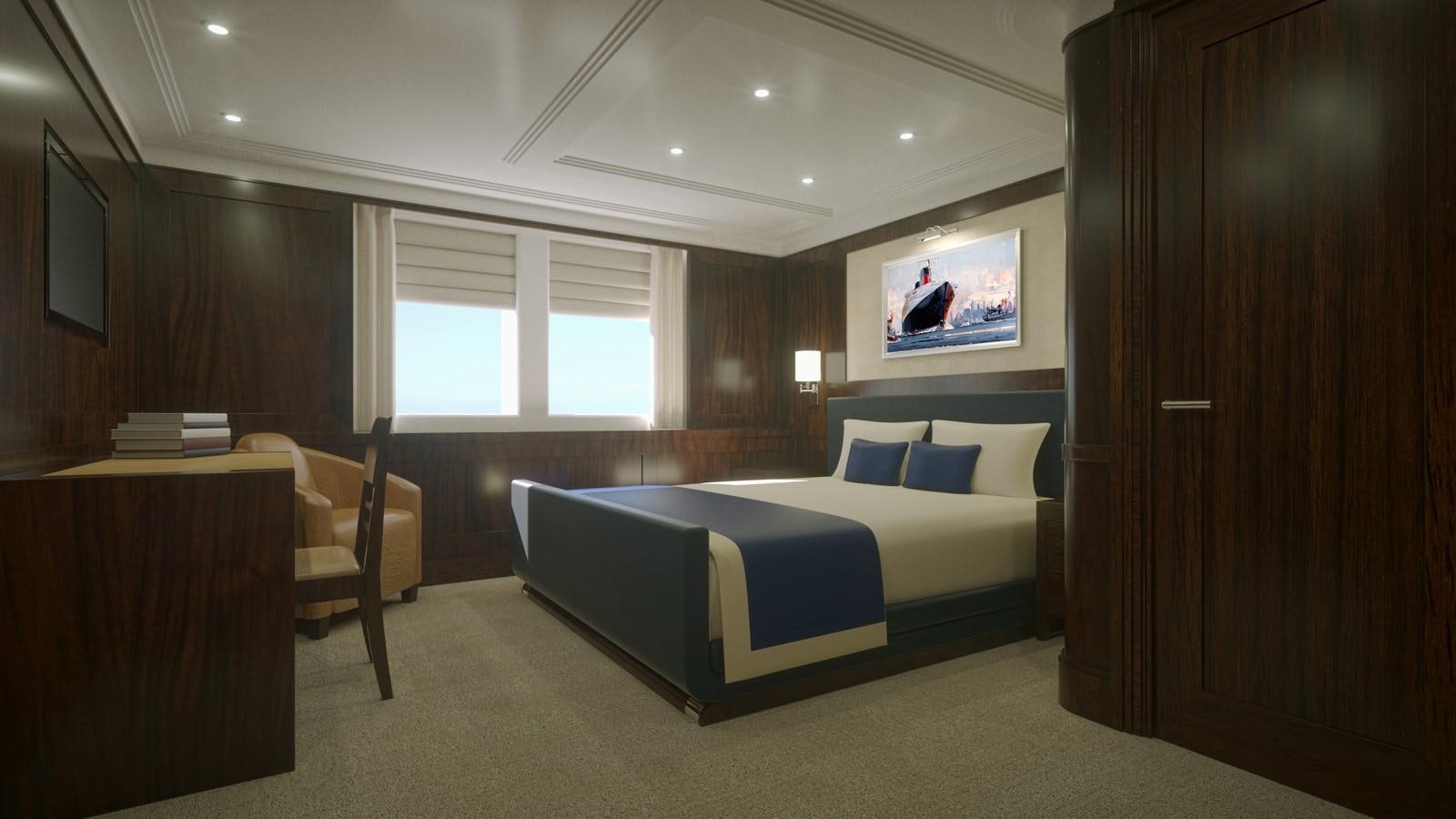 a room with a bed and a desk aboard PROJECT MARLIN Yacht for Sale