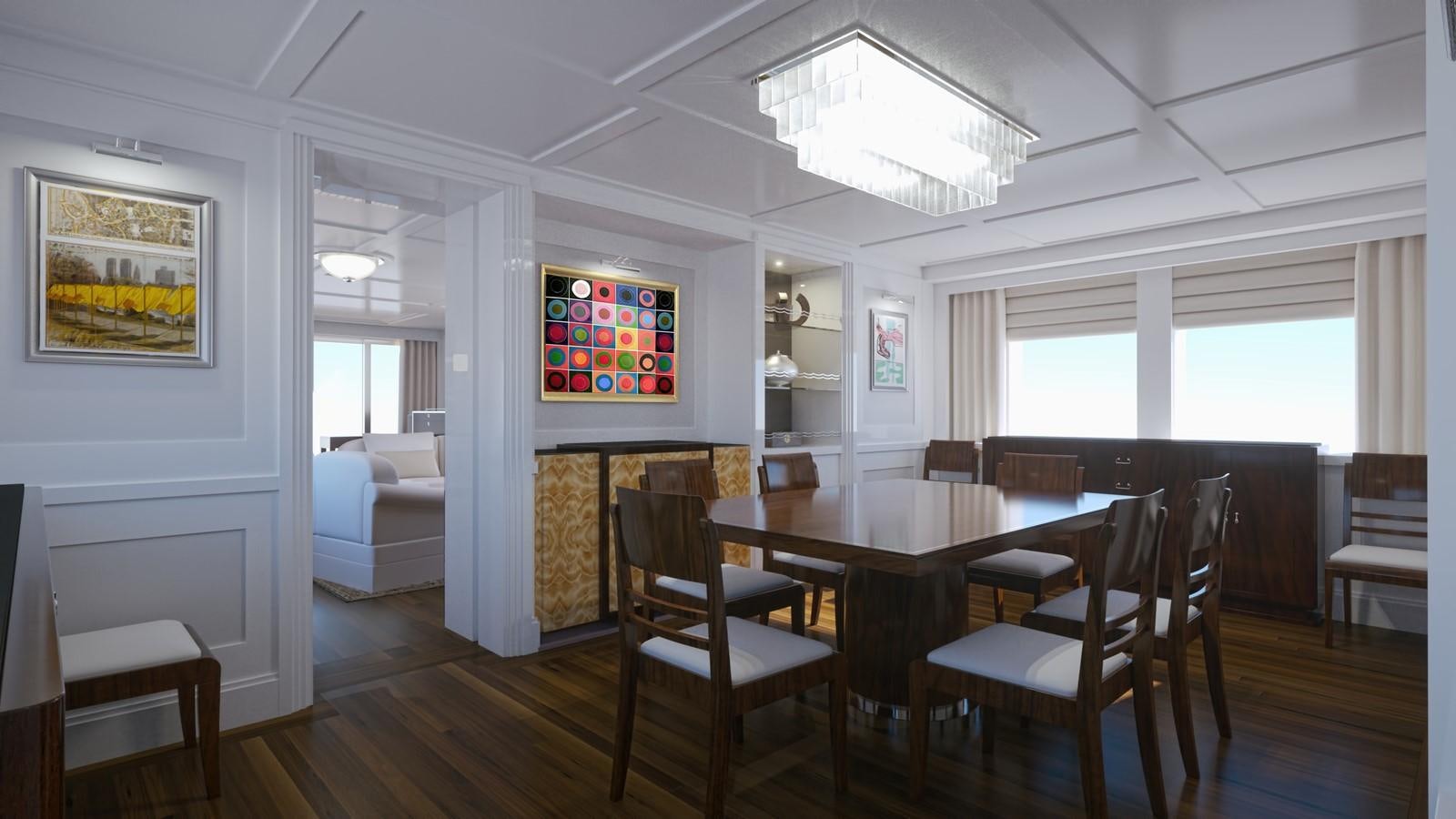 a dining room with a table and chairs aboard PROJECT MARLIN Yacht for Sale