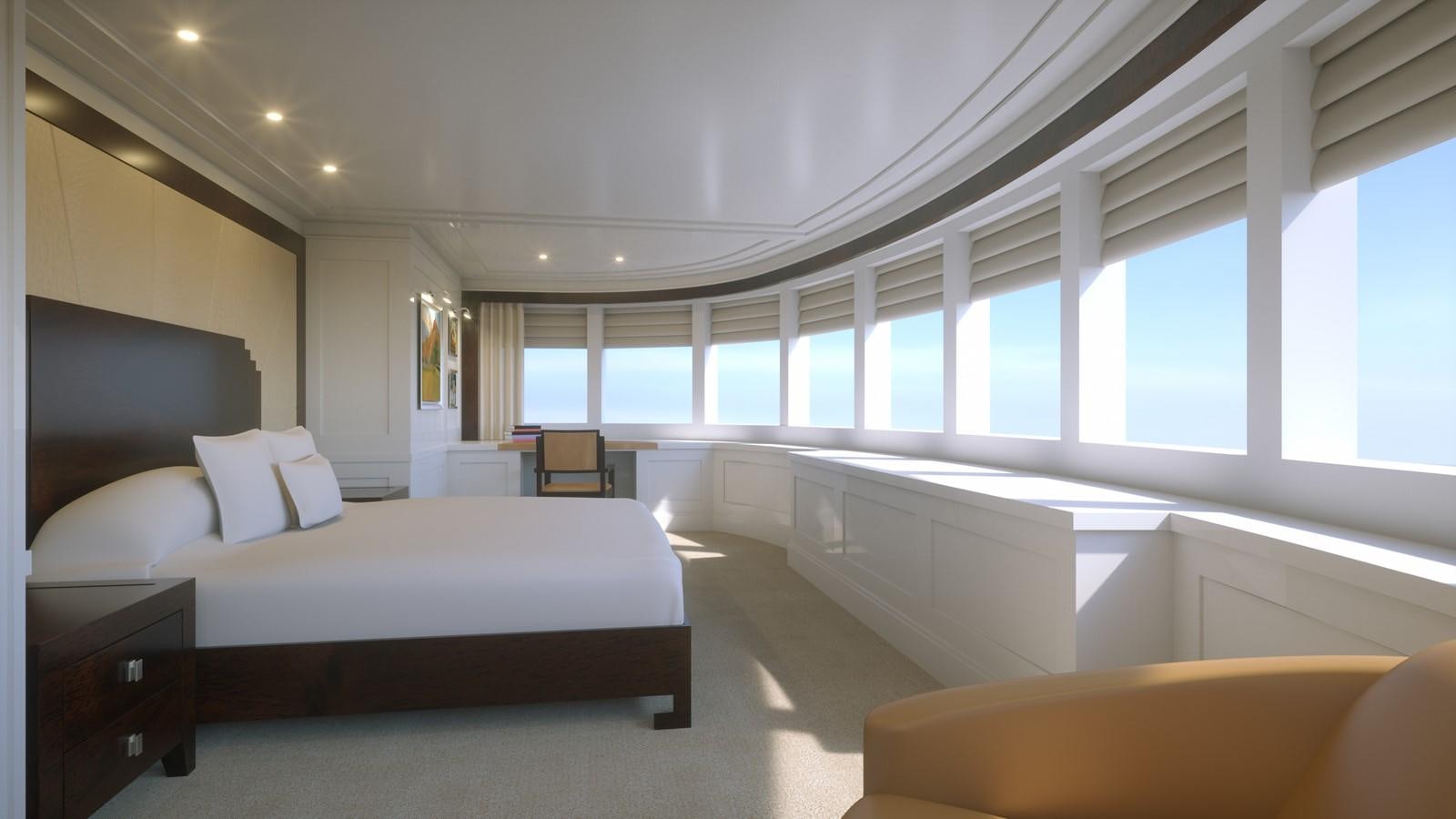 a large bedroom with a large bed aboard PROJECT MARLIN Yacht for Sale