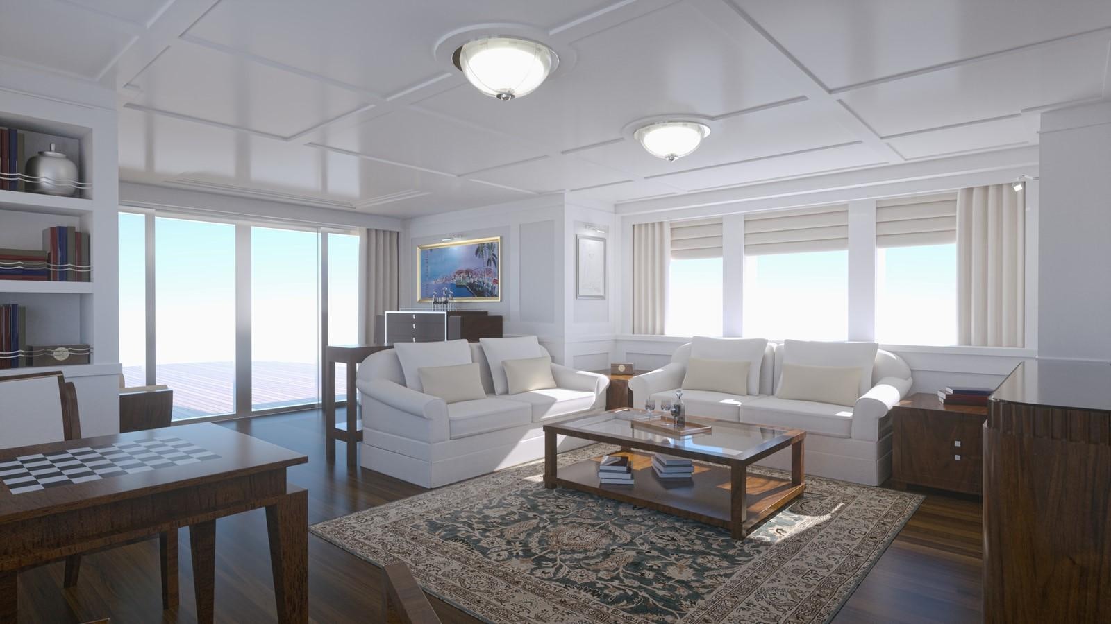 a living room with a large window aboard PROJECT MARLIN Yacht for Sale