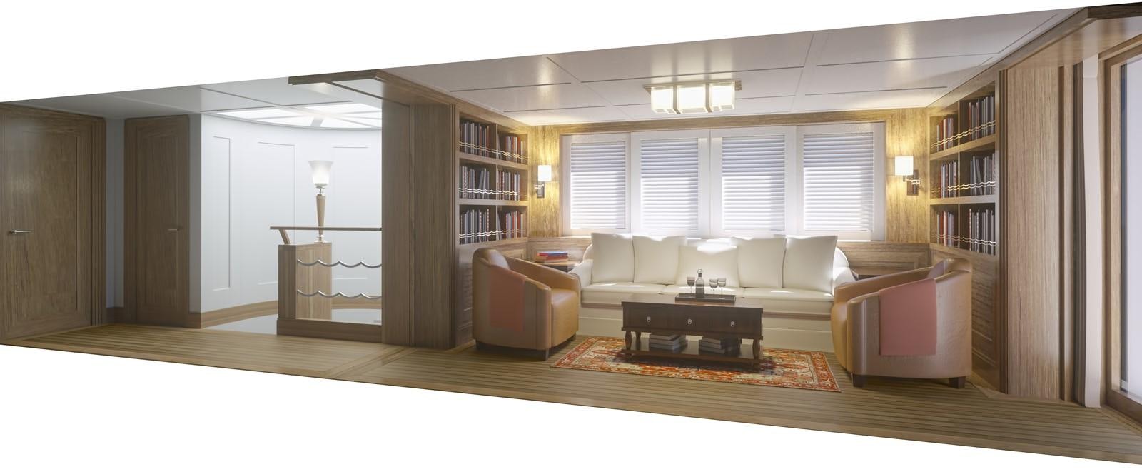a living room with a bookcase and a couch aboard PROJECT MARLIN Yacht for Sale