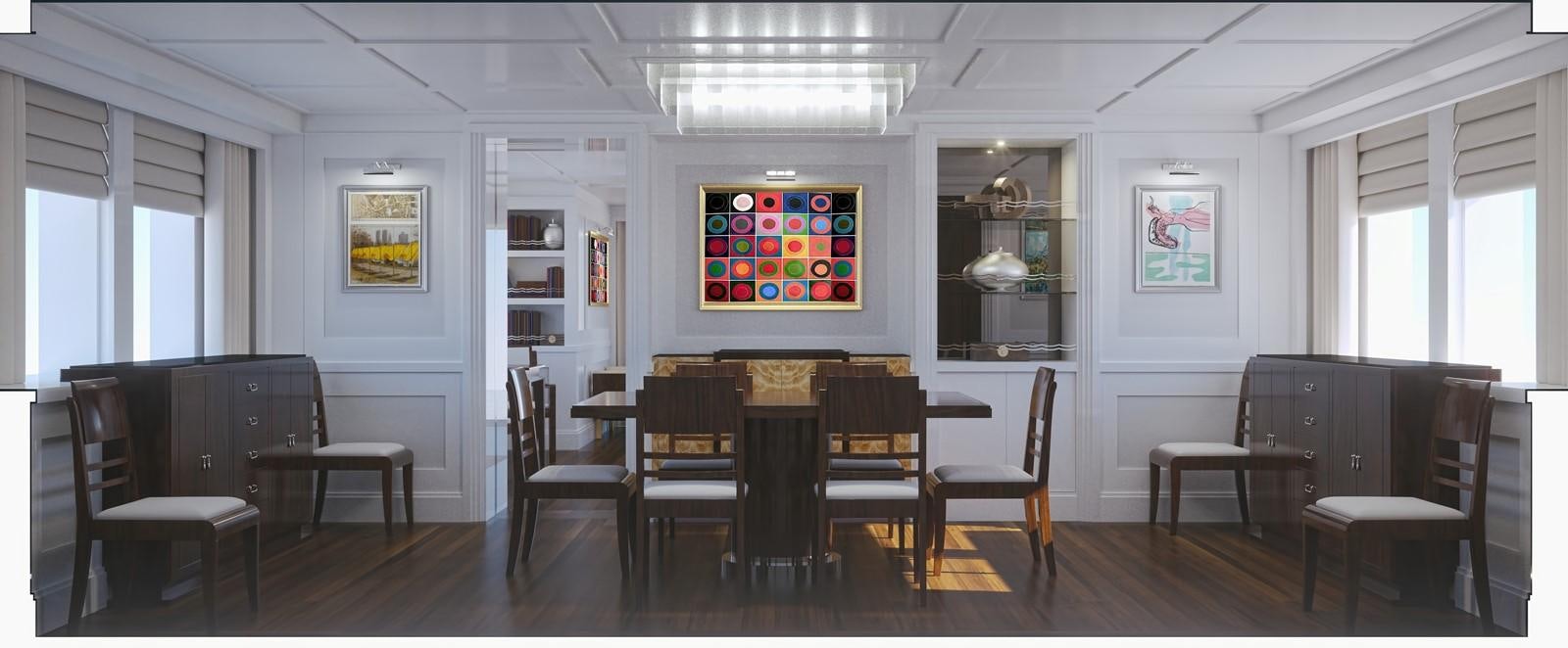 a room with a table and chairs aboard PROJECT MARLIN Yacht for Sale
