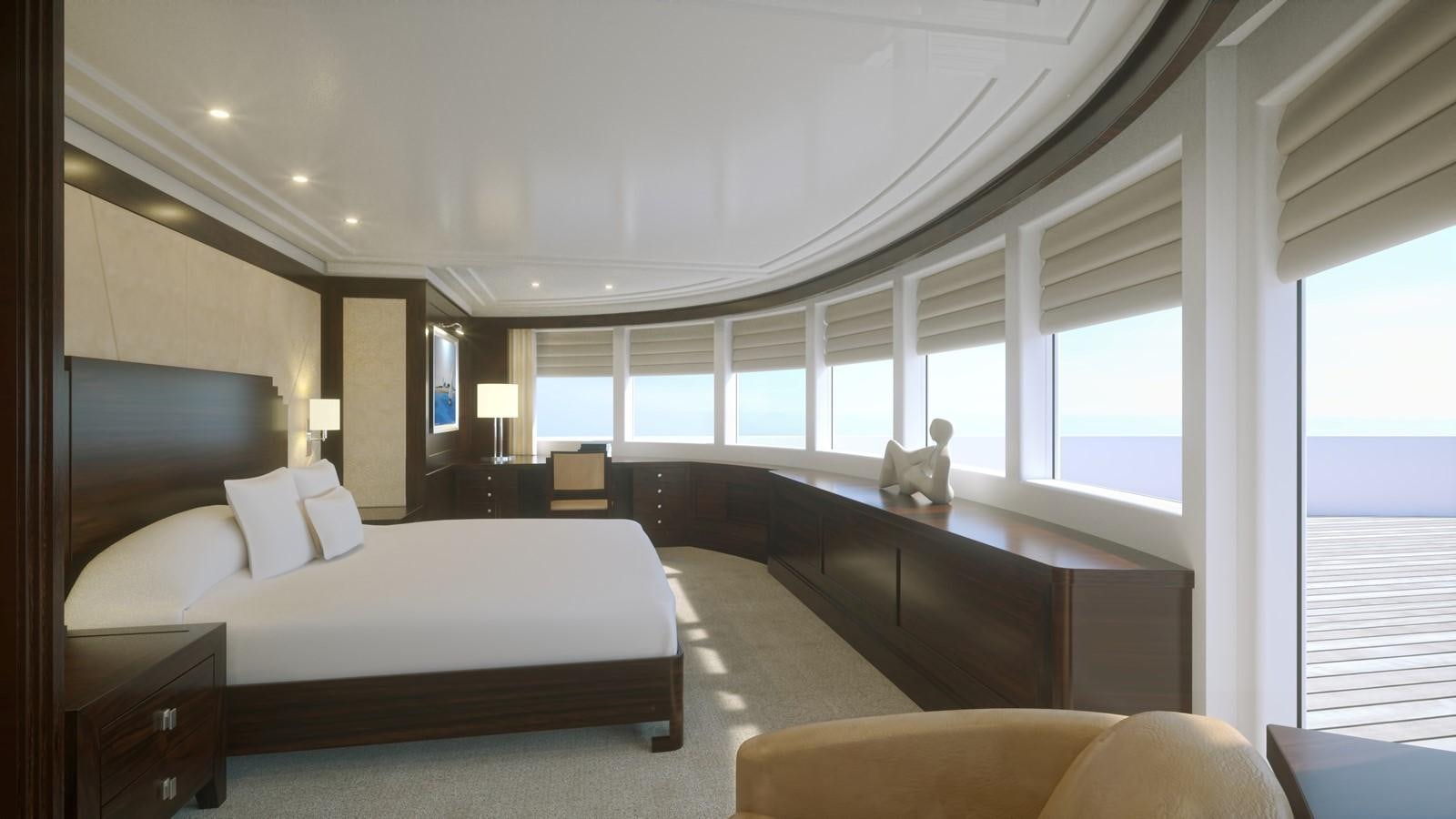 a bedroom with a large bed aboard PROJECT MARLIN Yacht for Sale