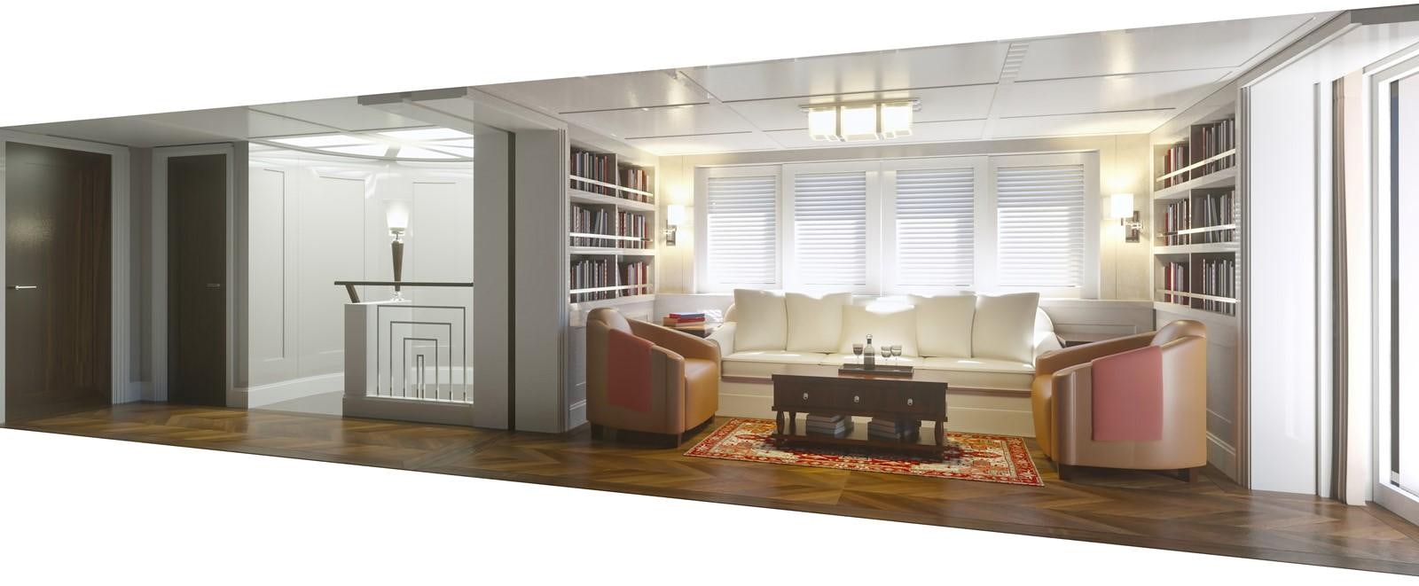 a living room with a couch and a table aboard PROJECT MARLIN Yacht for Sale