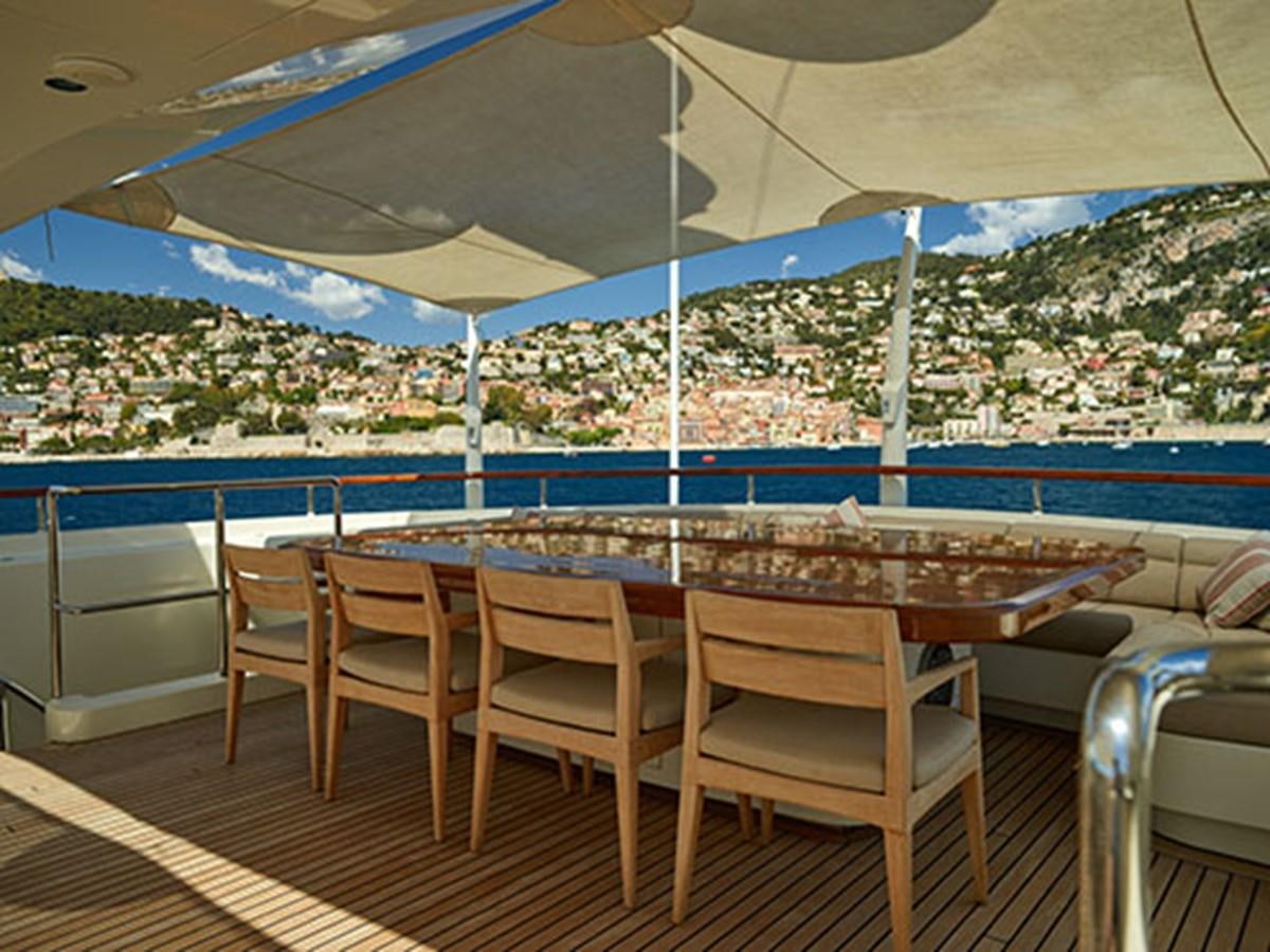 a table and chairs on a deck overlooking a large body of water aboard NASSIMA Yacht for Sale