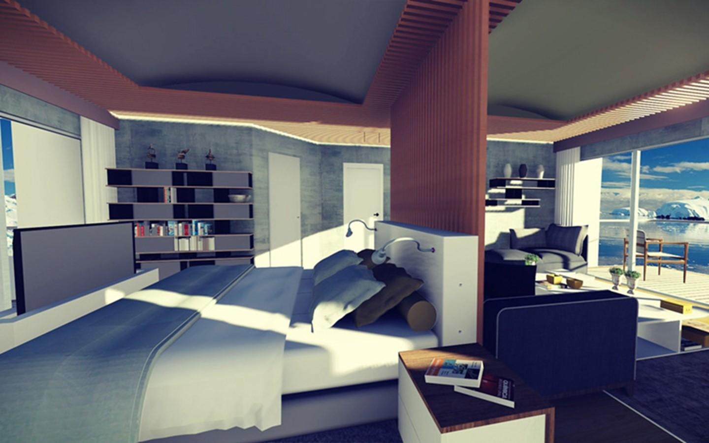 a room with a bed and a desk aboard CAPE HAWK 690 Yacht for Sale